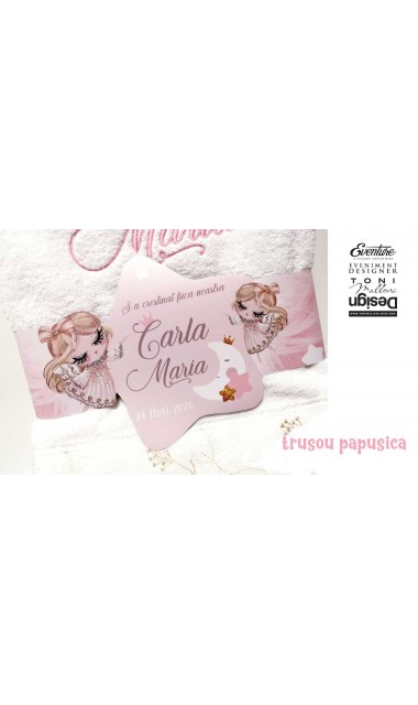 Trusou de botez cu papusica roz, gene lungi si broderie customizata, Doll 7